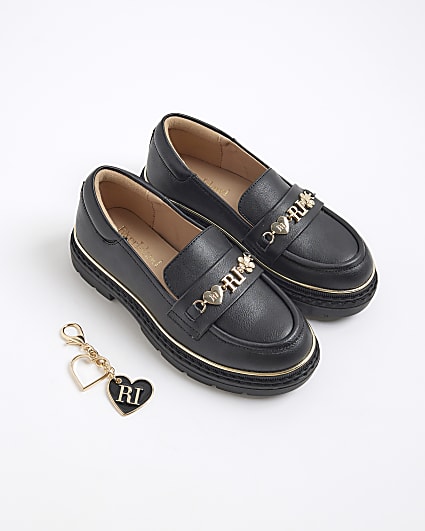Girls Black Flower Chain Loafers