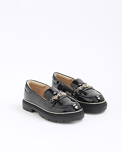 Girls Black Patent Flower Chain Loafers