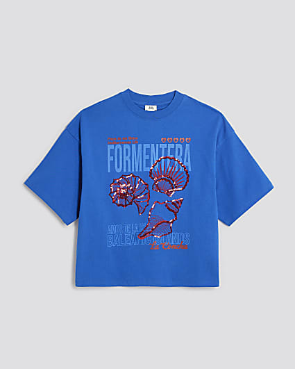 Girls Blue Shell Embellished T-Shirt