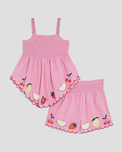 Girls Pink Fruit Hanky Hem Cami Top Set
