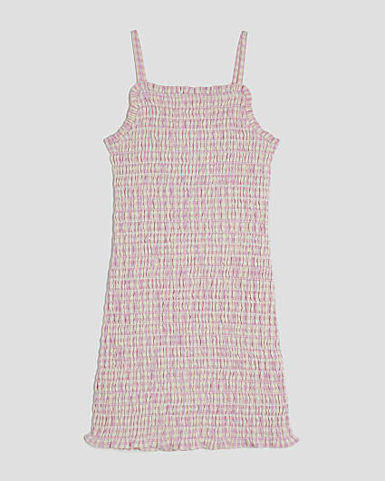 Girls Pink Shirred Gingham Dress