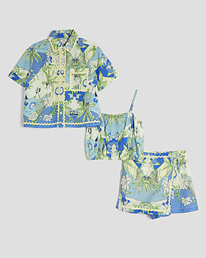 Girls Blue 3 Piece Palm Print Shirt Set