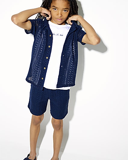 Boys Navy Crochet Shirt 3 Piece Set