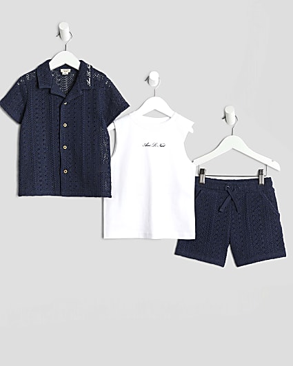 Mini Boys Navy Crochet Shirt 3 Piece Set