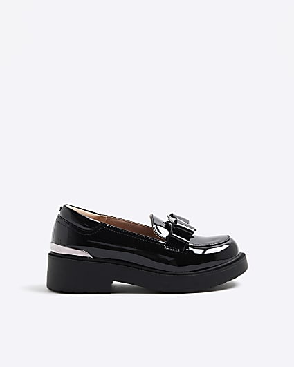 Girls Black Chunky Bow Loafers