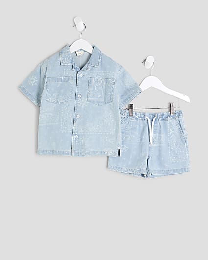Mini Boys Blue Denim Paisley Shirt Set