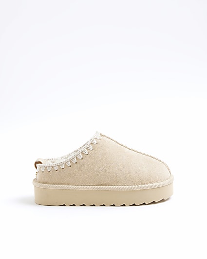 Girls Beige Whipstitch Platform Slippers