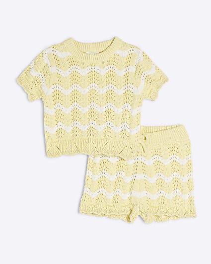 Baby Girls Yellow Striped Crochet Shorts Set