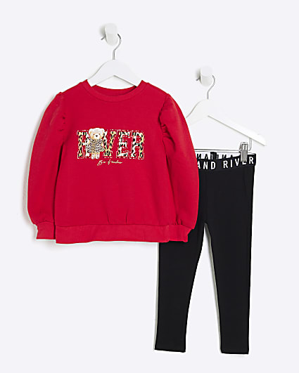 Mini Girls Red Leopard Bear Sweatshirt Set