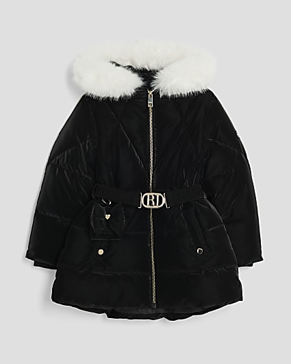 Girls Black Belted Puffer Jacket