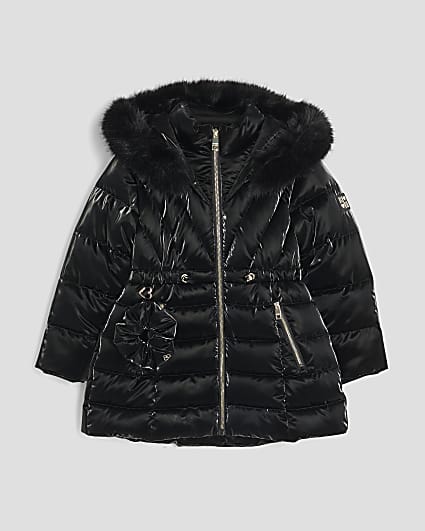 Girls Black High Shine Padded Coat Set