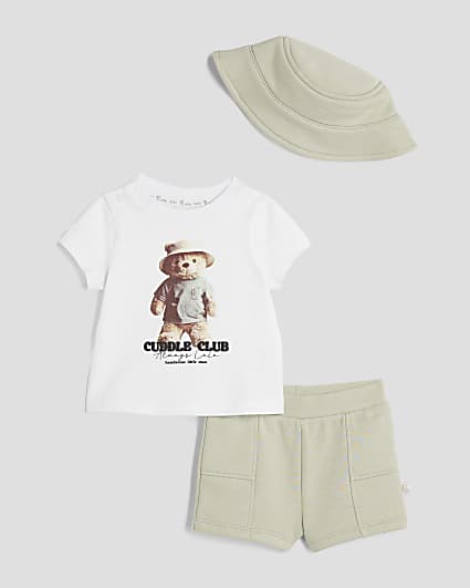 White BB Bear Bucket Hat Short Set