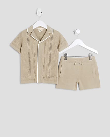 Mini Boys Stone Textured Polo Shirt Set