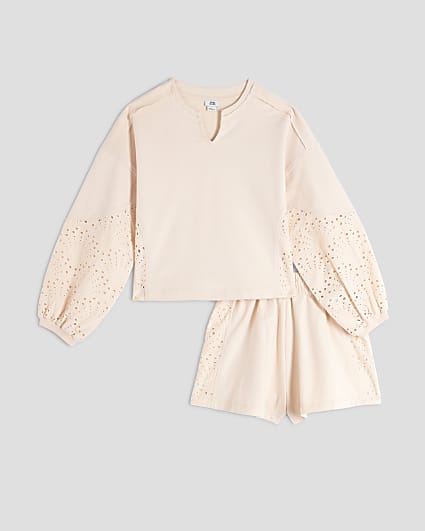 Girls Cream Embroidered Runner Top Set