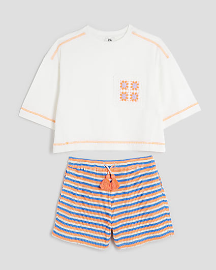 Girls White Crochet Pocket Top Set