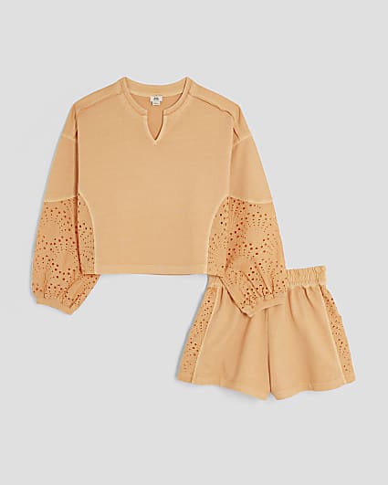Girls Orange Embroidered Runner Shorts Set