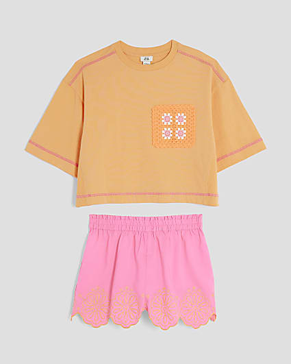 Girls Pink Crochet Pocket Top Set