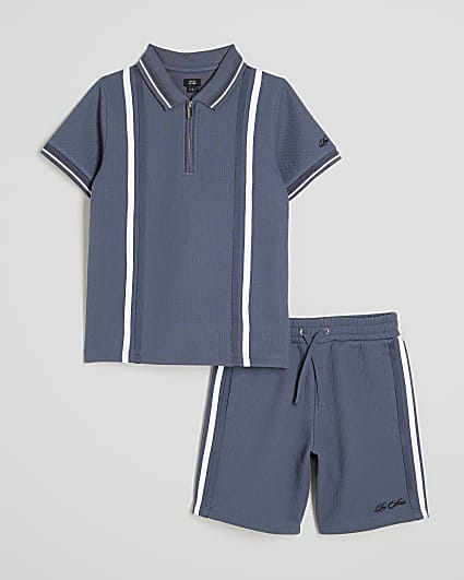 Boys Blue Textured Stripe Polo Set