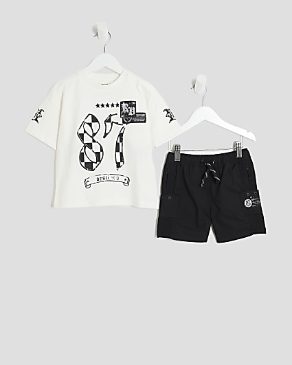 Mini Boys Black Cargo Shorts And T-Shirt Set