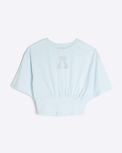 Girls Blue Cinched Bear Crop Top