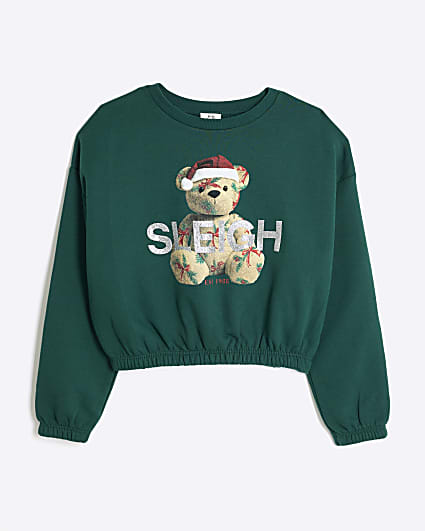 Girls Green Christmas Sleigh Bear Sweatshirt