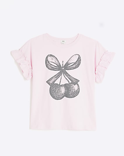 Girls Pink Bow Cherry Frill T-Shirt