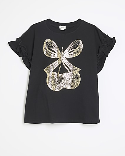 Girls Black Bow Cherry Frill T-Shirt