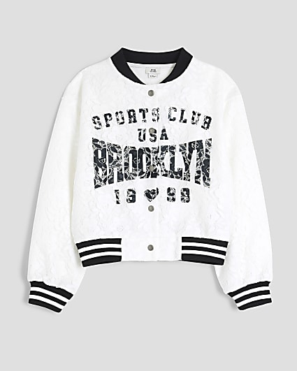 Girls White Lace Graphic Bomber Jacket