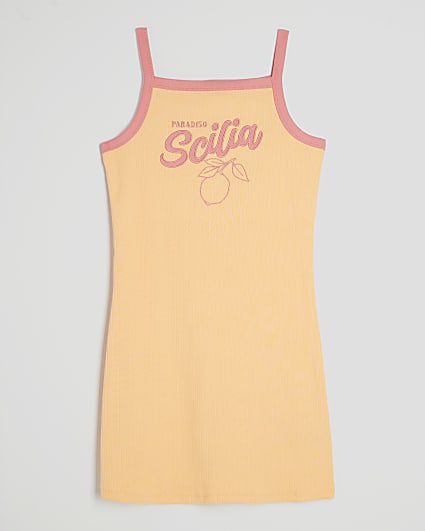 Girls Orange Scilia Graphic Ribbed Dress