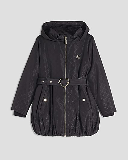 Girls Black Monogram Bubble Hem Hooded Coat