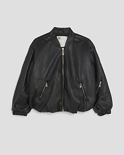 Girls Black Bubble Faux Leather Bomber Jacket