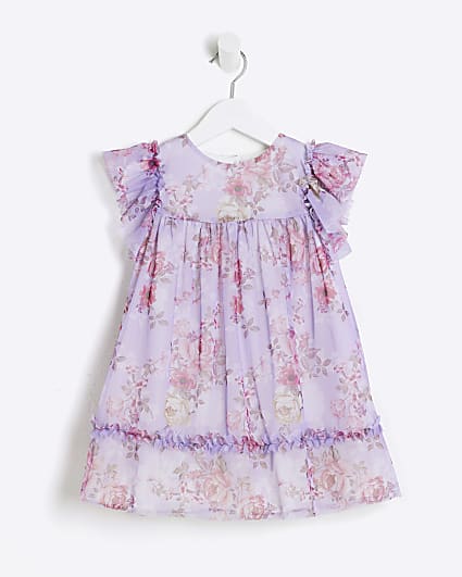 Mini Girls Purple Mesh Floral Printed Dress