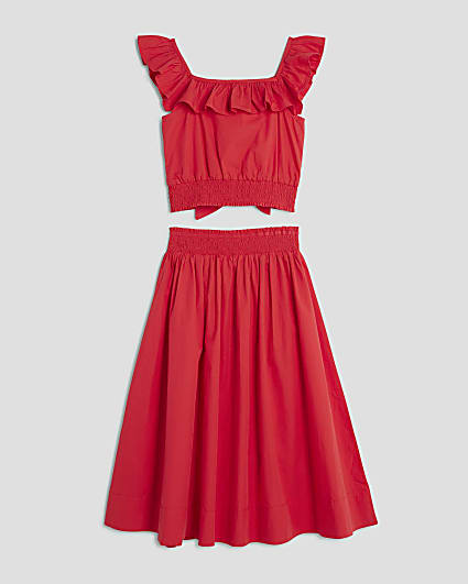 Girls Red Frill Waisted Top And Skirt Set