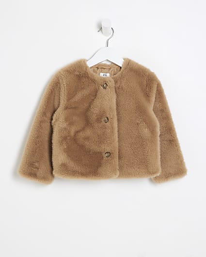 Mini Girls Brown Faux Fur Cropped Jacket