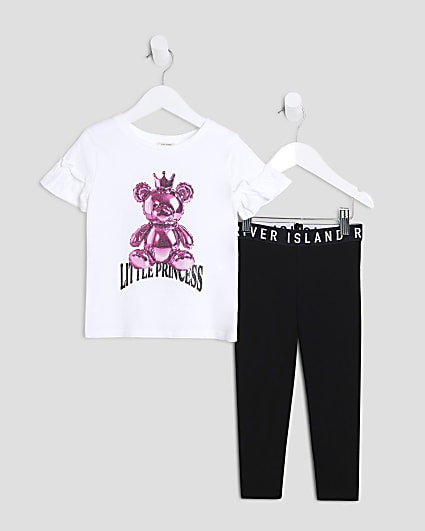 Mini Girls White Bear T-Shirt And Legging Set