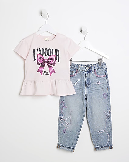 Mini Girls Pink Bow T-Shirt And Jeans Set