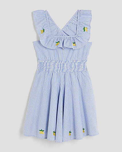 Girls Blue Stripe Embroidered Lemon Dress