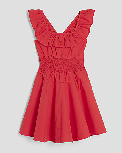 Girls Red Frill Bow Back Dress