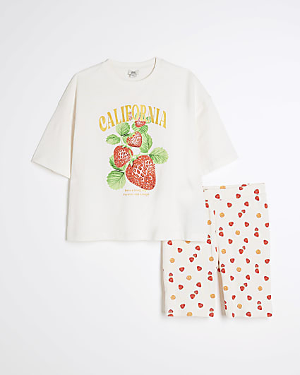 Girls Cream California Strawberry Shorts Set