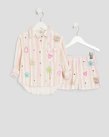 Mini Girls White Stripe Embroidered Shirt Set