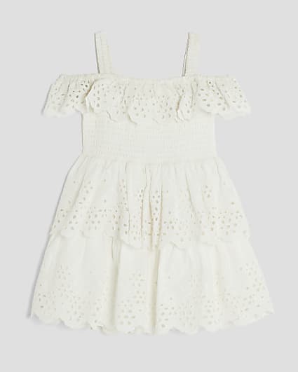 Mini Girls White Tiered Broderie Dress