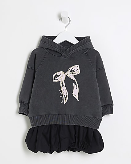 Mini Girls Grey Washed Bow Sweatshirt Dress