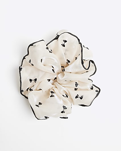 Girls Cream And Black Bow Scrunchie