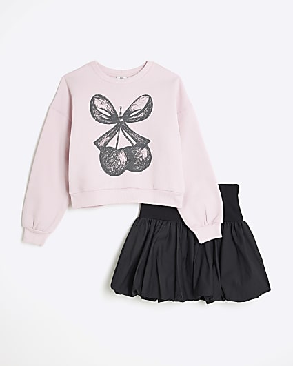 Girls Pink Cherry Bow Sweatshirt Set