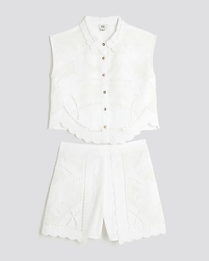 Girls White Palm Tree Cutwork Shirt Set