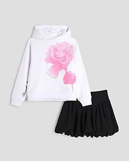 Girls White Rose Hoodie And Skirt Set