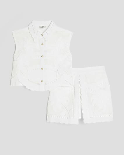 Mini Girls White Palm Cutwork Shirt Set