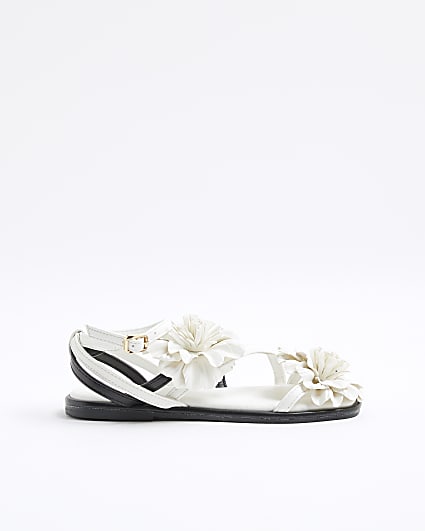 Girls White Flower Flat Sandals