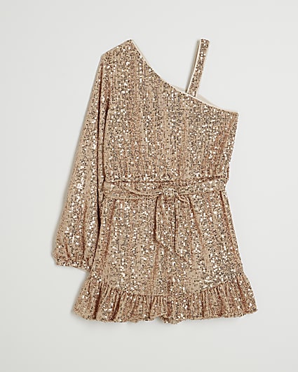 Girls Rose Gold Sequin One Shoulder Playsuit