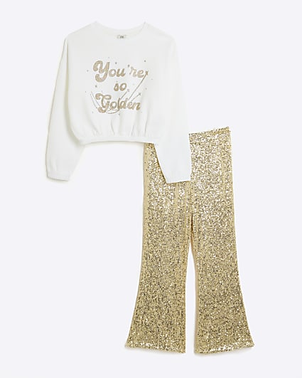 Girls White Sweatshirt & Sequin Trousers Set